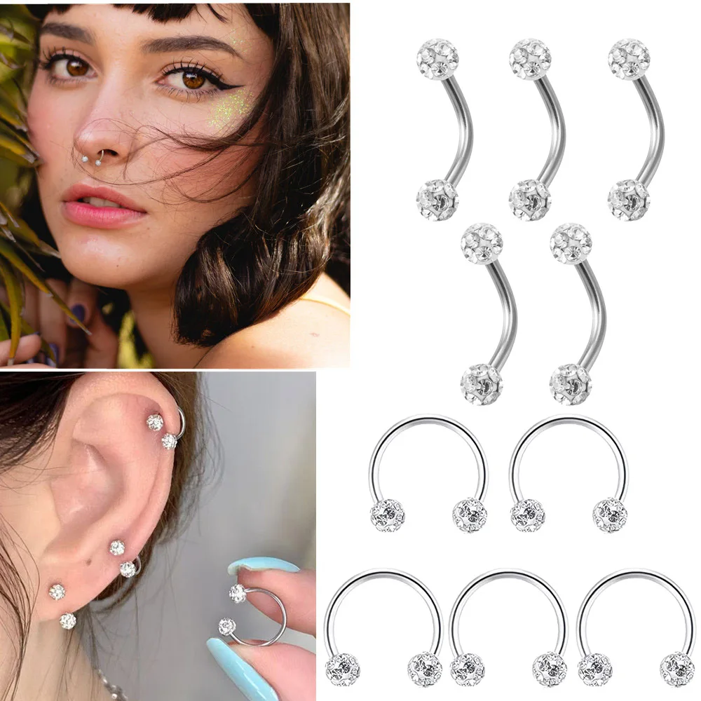 Body Jewelry Metal Types - 5pc Stainless Steel Rhinestone Ball Spiral