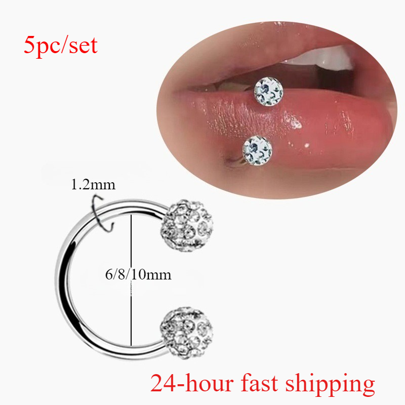 Body Jewelry Metal Types - 5pc Stainless Steel Rhinestone Ball Spiral
